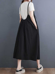 Plain Green Black Hemp Material Salopette Dress