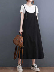 Plain Green Black Hemp Material Salopette Dress