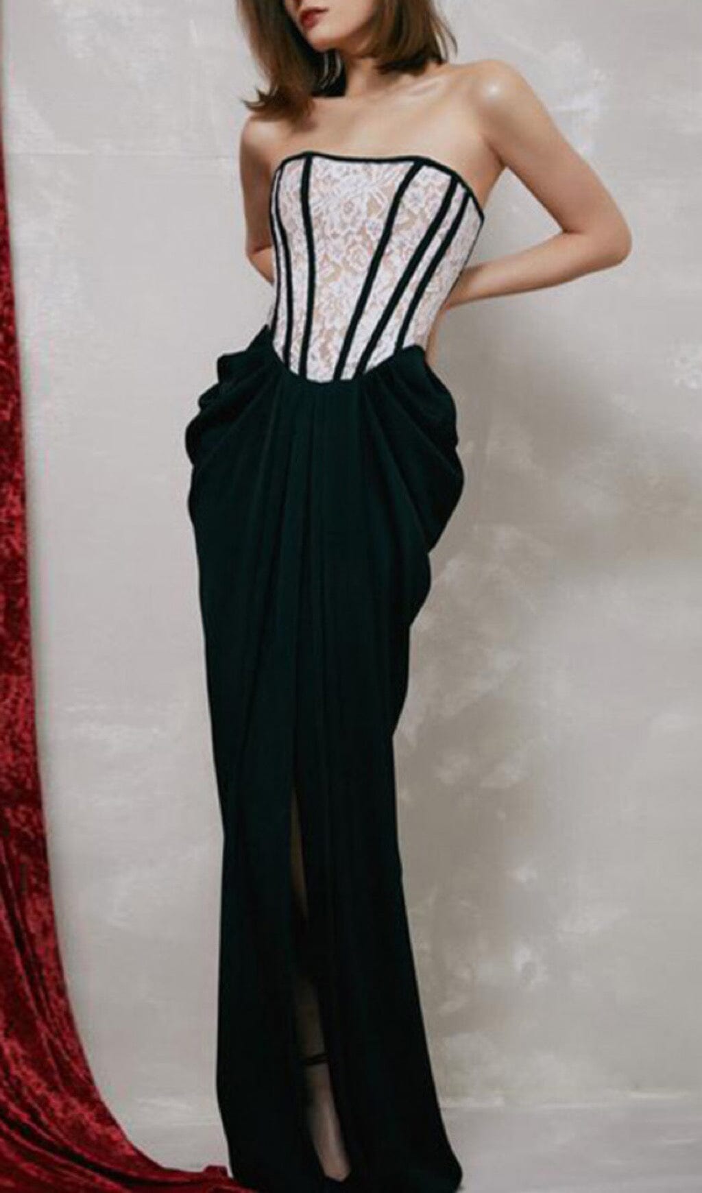  Bandeau Lace Stitched Dress in Black