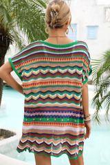Rainbow Stripe Scalloped V-Neck Cover-Up Dress
