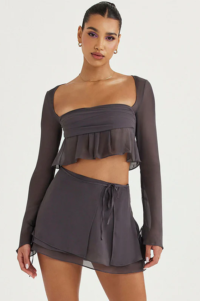 Ruffle Trim Crop Chiffon Matching Set