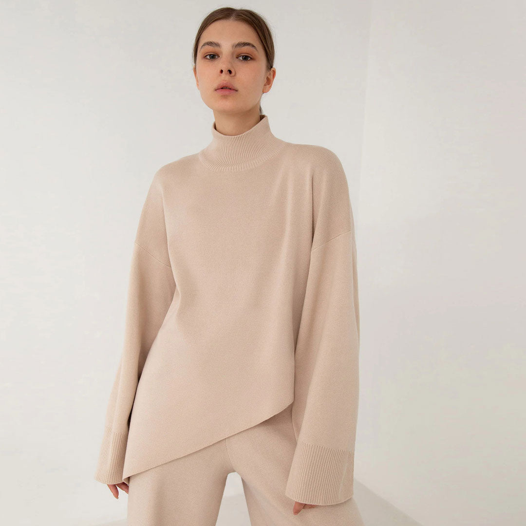 Asymmetric High Neck Bell Sleeve Sweater Wide Leg Pants Matching Set - Apricot