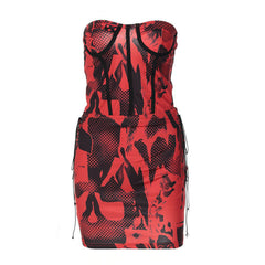 Chic Checkerboard Strapless Crop Top Lace Up Bodycon Mini Skirt Matching Set - Red