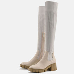 Contrast Panel Trim Lug Sole Chunky Heel Knit Knee High Sock Boots - Apricot