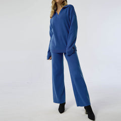 Oversized Collared Long Sleeve Sweater Wide Leg Pants Matching Set - Royal Blue