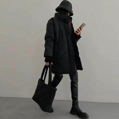 Oversized Diamond Quilted Long Sleeve Longline Puffer Jacket - Black