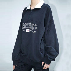 Oversized Embroidered Trim Drop Shoulder Half Zip Collared Sweatshirt - Navy Blue