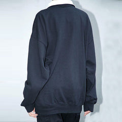 Oversized Embroidered Trim Drop Shoulder Half Zip Collared Sweatshirt - Navy Blue