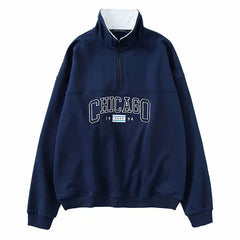 Oversized Embroidered Trim Drop Shoulder Half Zip Collared Sweatshirt - Navy Blue