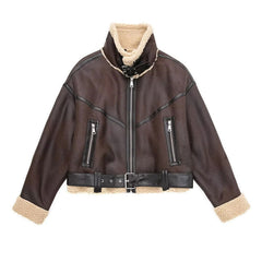 Oversized Fleeced Buckle Trim Faux Leather Cropped Coat - Brown