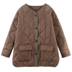 Oversized Long Sleeve Button Down Flap Pocket Quilted Jacket - Chocolate