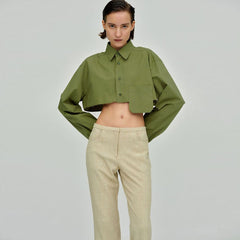 Oversized Long Sleeve Button Down Pointed Collar Cropped Shirt - Green
