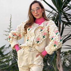 Oversized Long Sleeve Button Up Crochet Floral Cardigan - Apricot