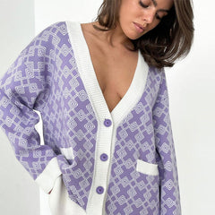 Oversized Plaid Print V Neck Button Up Long Sleeve Ribbed Cardigan - Purple