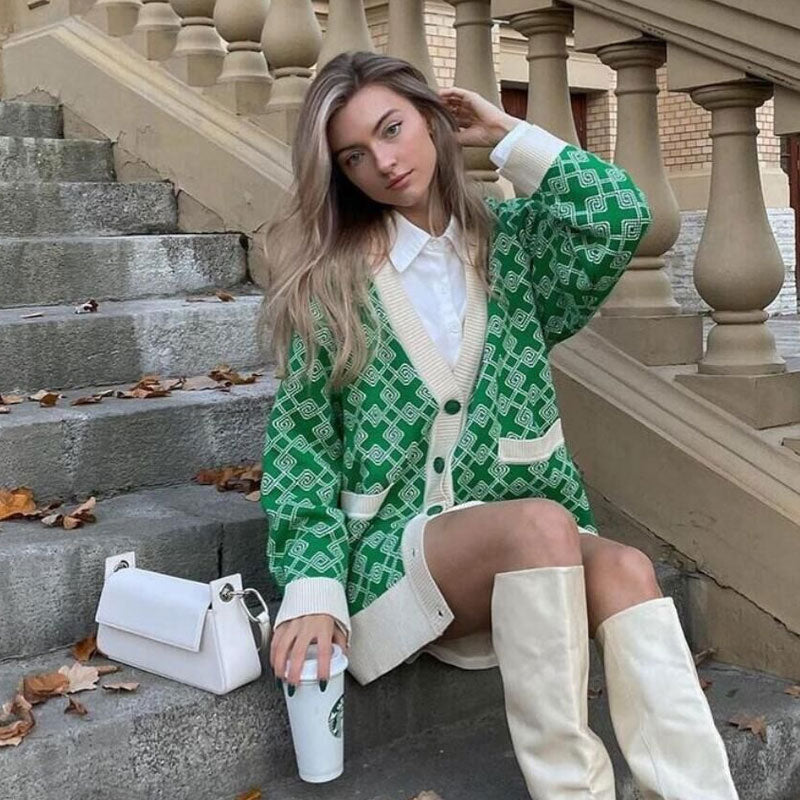 Oversized Plaid Print V Neck Button Up Long Sleeve Ribbed Cardigan - Green