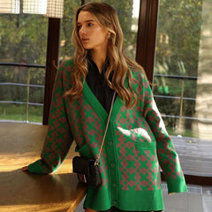 Oversized Plaid Print V Neck Button Up Long Sleeve Ribbed Cardigan - Pink Green