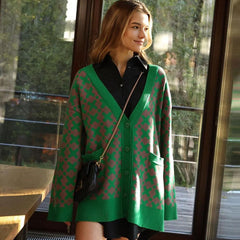 Oversized Plaid Print V Neck Button Up Long Sleeve Ribbed Cardigan - Pink Green