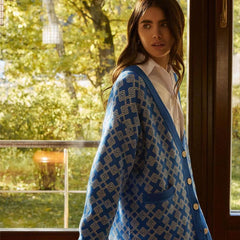 Oversized Plaid Print V Neck Button Up Long Sleeve Ribbed Cardigan - Blue