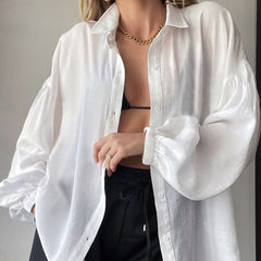 Oversized Textured Drop Shoulder Bishop Sleeve Button Up Collared Shirt - White
