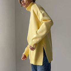 Oversized Turtleneck Long Sleeve Slit Trim Pullover Sweater - Yellow