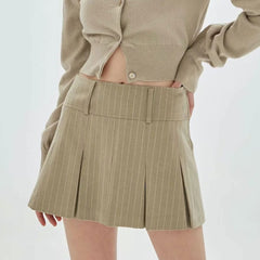 Preppy Style Stripe Print High Waist Pleated Mini Skirt - Khaki