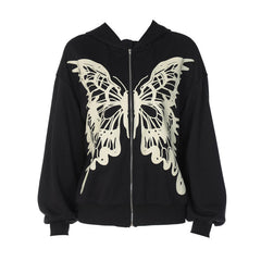 Punk Style Butterfly Print Drop Shoulder Long Sleeve Oversized Hoodie - Black