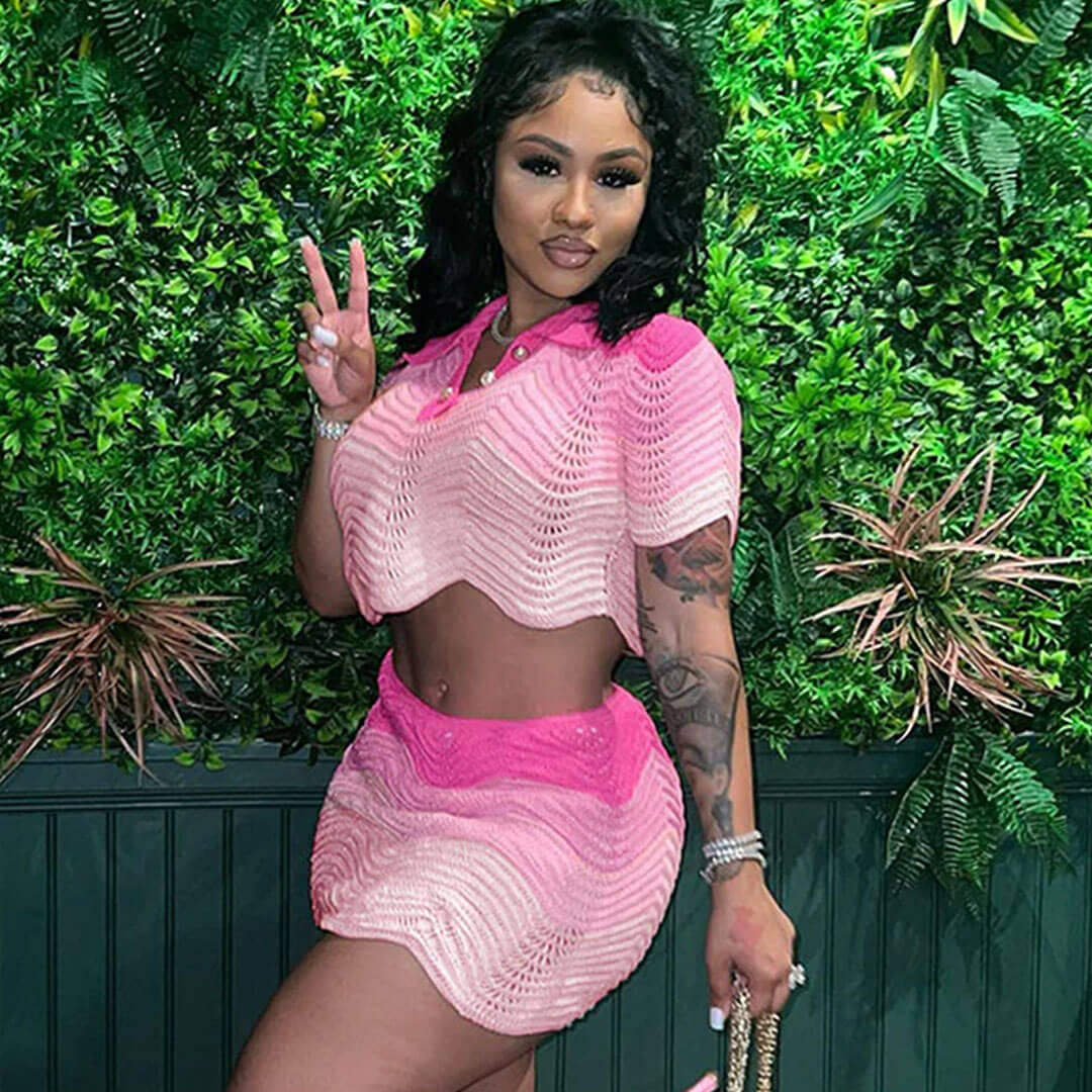 Rainbow Scalloped Short Sleeve Crochet Knit Mini Skirt Matching Set - Pink