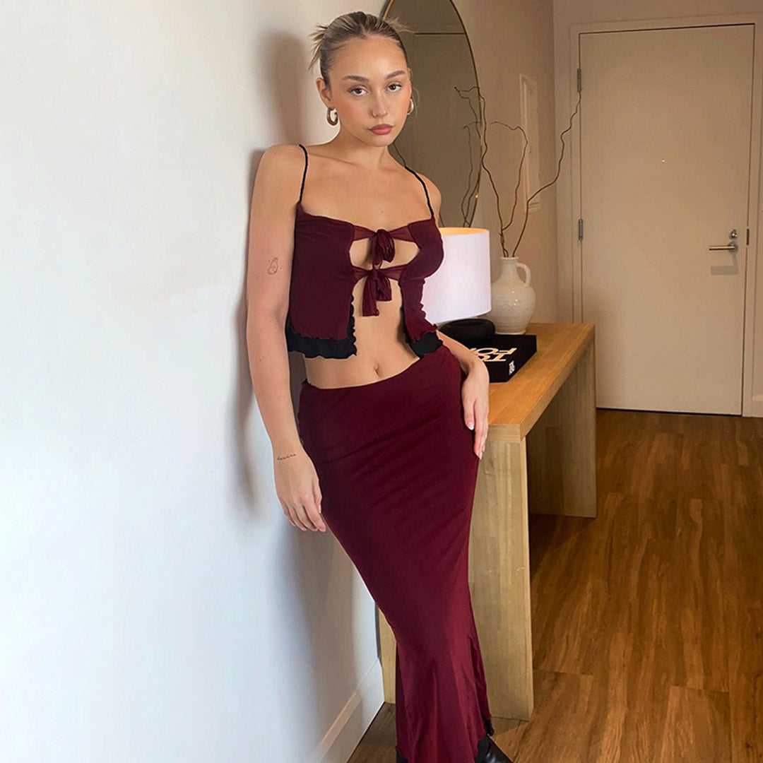 Tie Neck High Waist Contrast Layered Mesh Skirt Matching Set - Burgundy