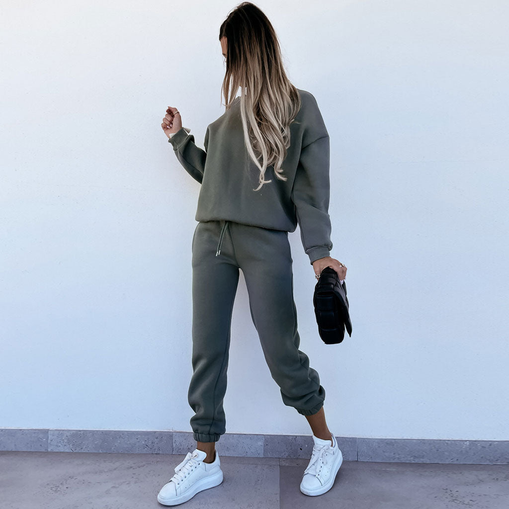 Round Neck Long Sleeve Sweatsuit Matching Set - Army Green