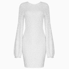 Sparkly Sequin Lacy Long Sleeve Party Mini Dress - White