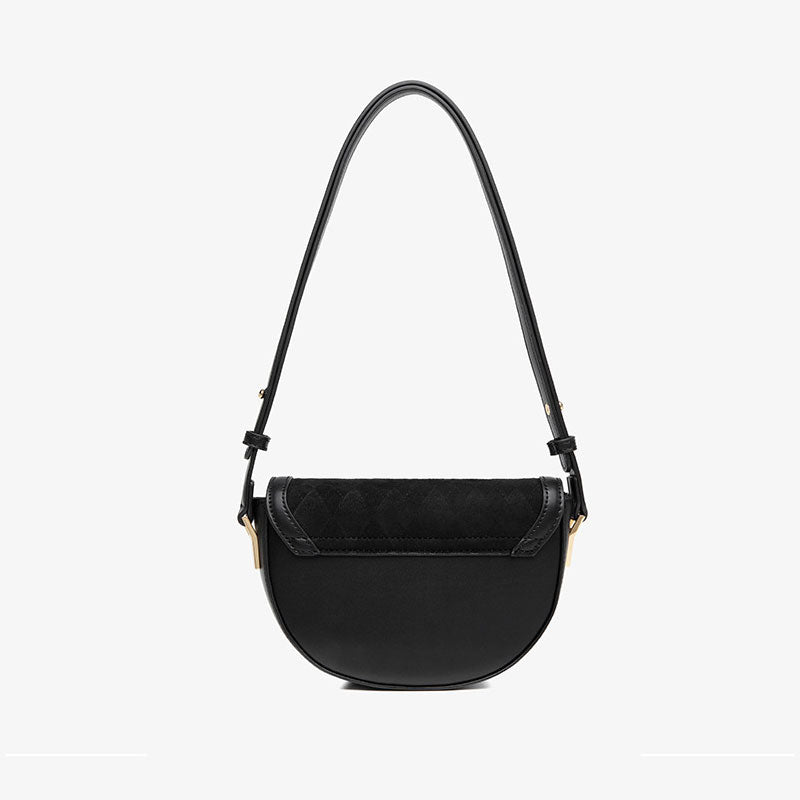 Vintage Suede Argyle Pattern Faux Leather Crossbody Saddle Bag - Black
