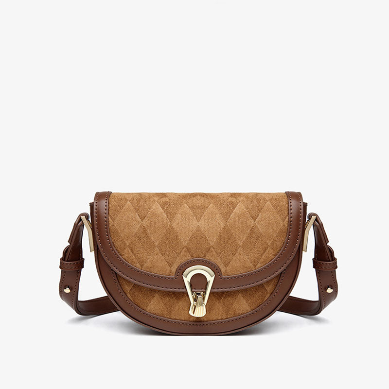 Vintage Suede Argyle Pattern Faux Leather Crossbody Saddle Bag - Brown