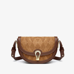 Vintage Suede Argyle Pattern Faux Leather Crossbody Saddle Bag - Brown